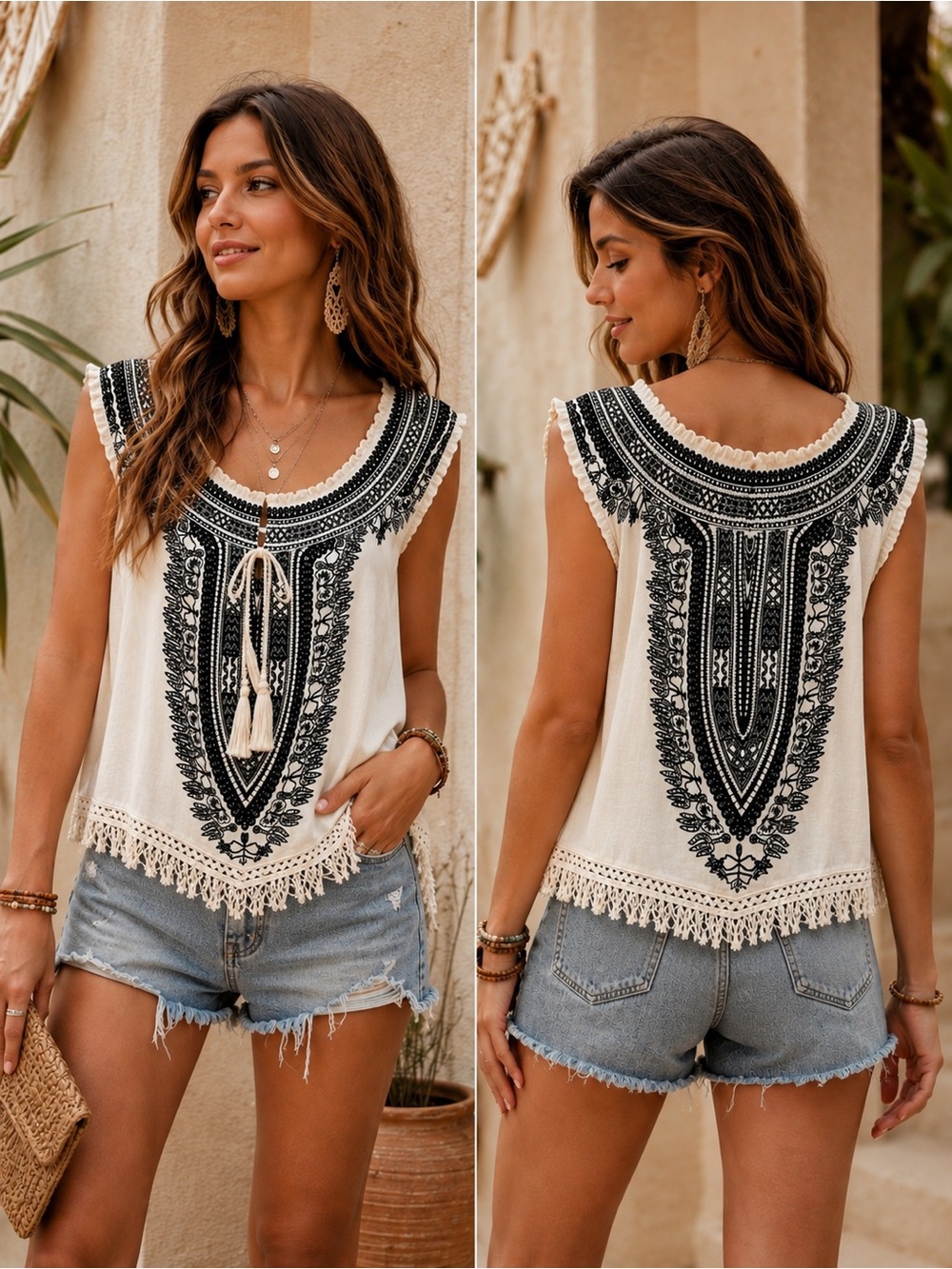 Anthropologie White Tunic Halter with Yoke Tassels Fringe